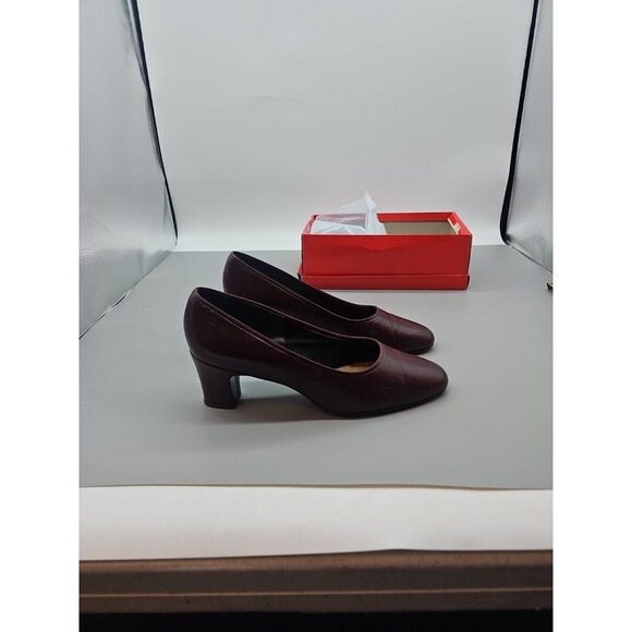 Vintage Sears The Shoe Place Leather Heels Size 8 Burgundy Block Heel - Picture 1 of 9